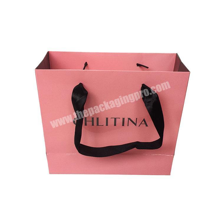 mengsheng black ribbon foldable customized printed  cosmetic gift small cute glossy shiny pink paper bag