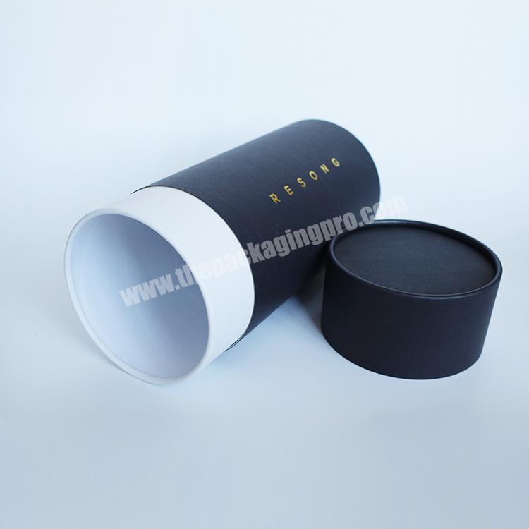 Custom Printed Gold Stamping Black Paper Tube Cylinder Containers with Lid for Clothing T Shirt Packaging
