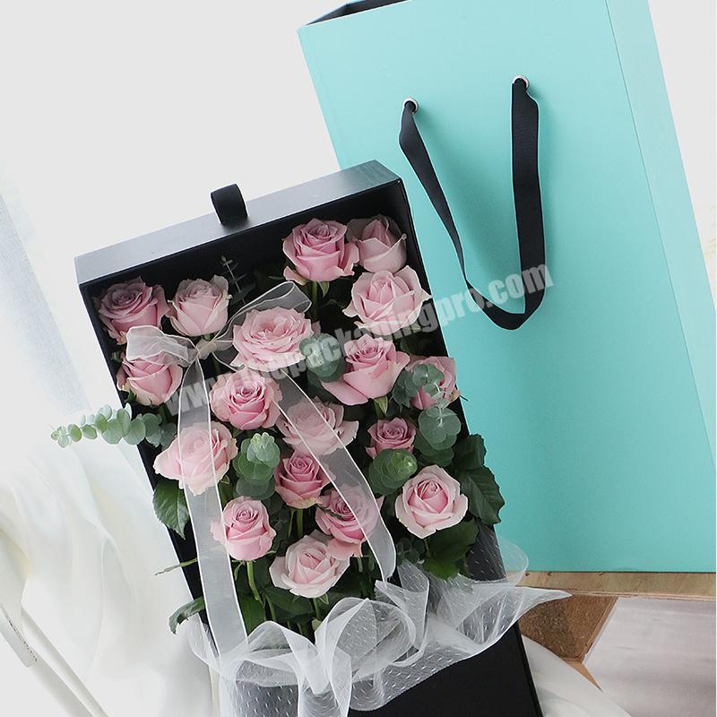 Rectangular Long Florist Display Ribbon Handle Paper Rose Packaging Rectangle Big Rigid Cardboard Box For Flower Packaging`
