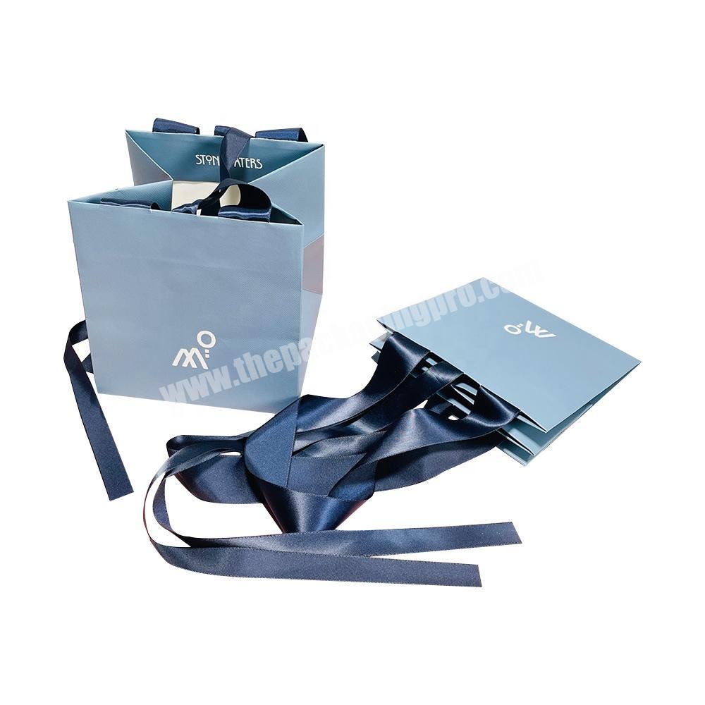 wholesale customized printed your own logo blue luxury jewelry shopping paper bags with ribbon handle