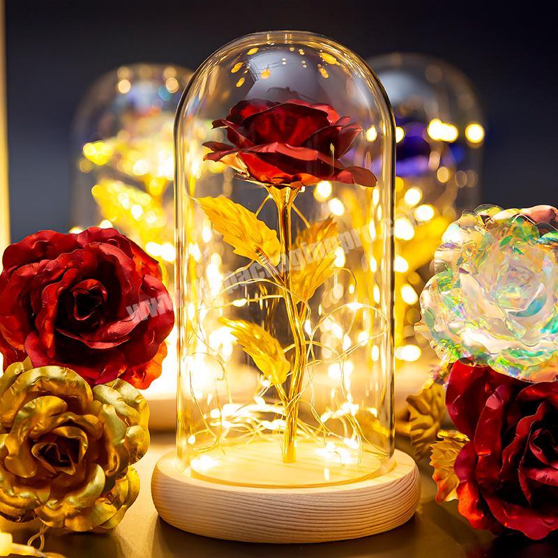 Clear single rose flower in glass dome with string light transparent glass preserved flower gift packaging box wholesale