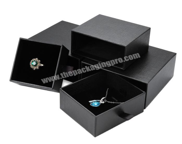 Luxury matte black foil paper rigid box for jewelry custom sliding drawer box with pulling strap