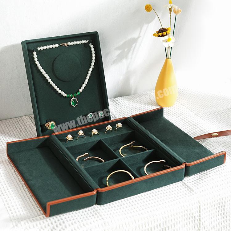 Luxury two layer suede jewelry set gift storage box green velvet double open door necklace bracelet earring ring packaging box