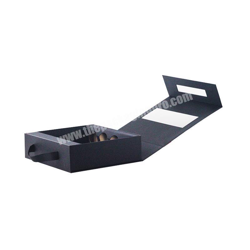 Matte black custom box with window hollow out package for gift 3 bottles wine packing box ribbon handle box for products