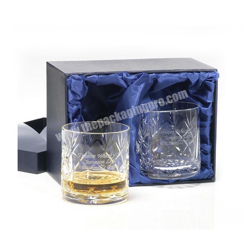 custom blue 2 pack wine glass gift box with satin insert, empty paper boxes for shot glasses with your own logo