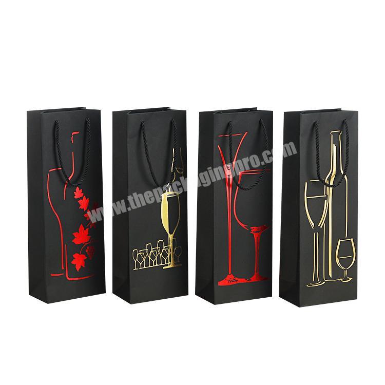 Wholesale Custom Personalized Pattern Printed Black Luxury Small Red Wine Bottle Gift Carry Paper Bags