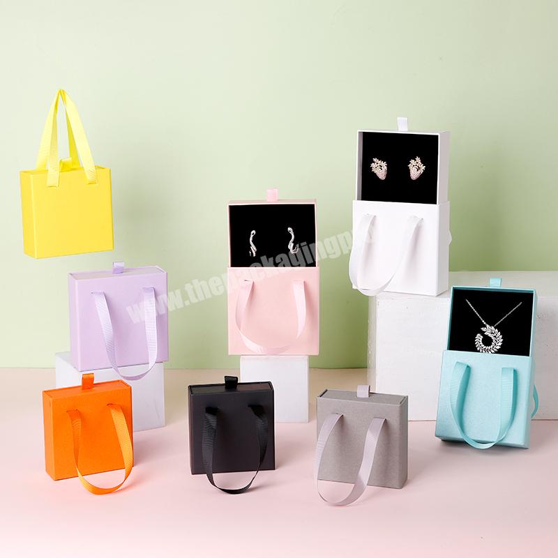 Colorful Cardboard Paper Gift Packaging Jewelry Box Paper Drawer Sliding Jewelry Boxes Pull out with Ribbon Handle