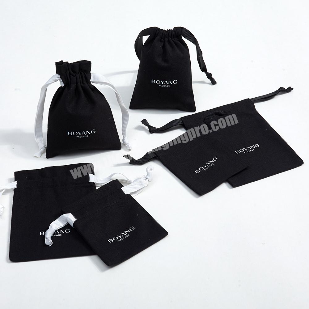 Custom Black Cotton Canvas Jewelry Pouch Drawstring Jewelry Packaging Bag