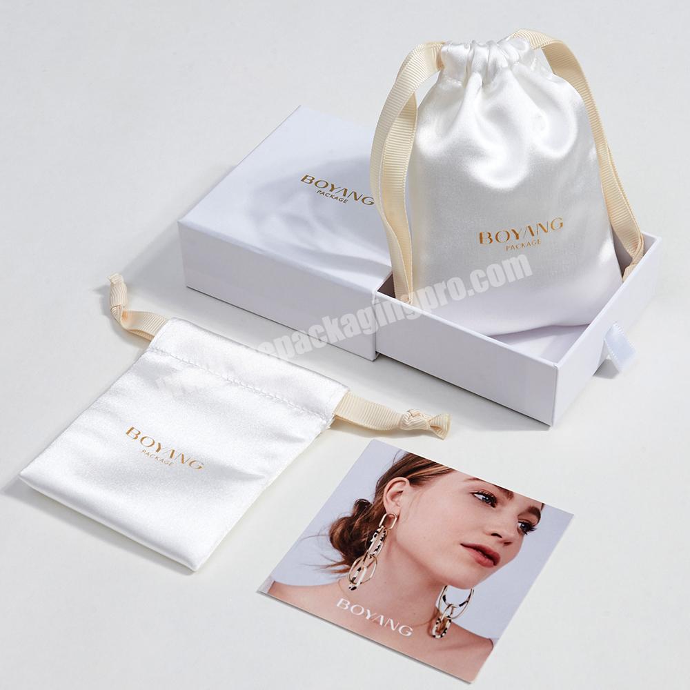 Custom White Jewelry Earring Necklace Ring Dust Drawstring Satin Jewelry Pouch Bag