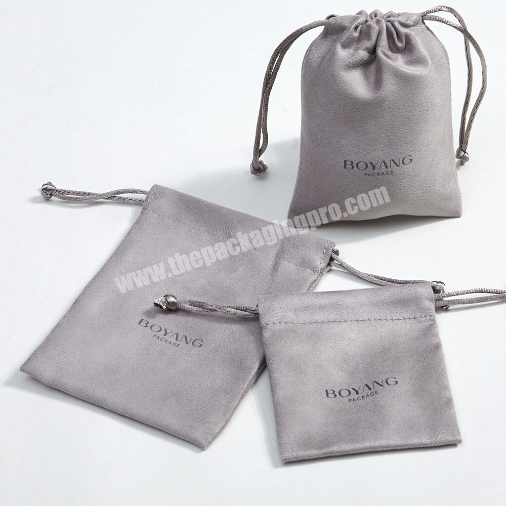 Customized Logo Small Grey Drawstring Velvet Suede Jewelry Pouch Bag