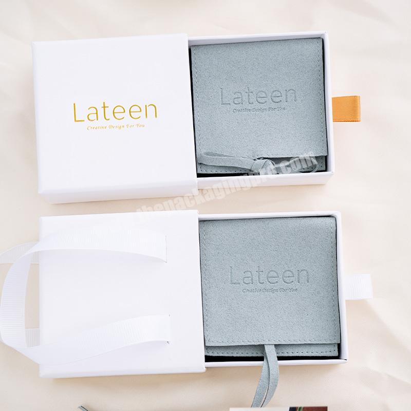 White Light Blue Jewelry Packaging Velvet Pouch Envelope Custom Personalised Logo Sliding Drawer Jewelry Gift Box and Pouch
