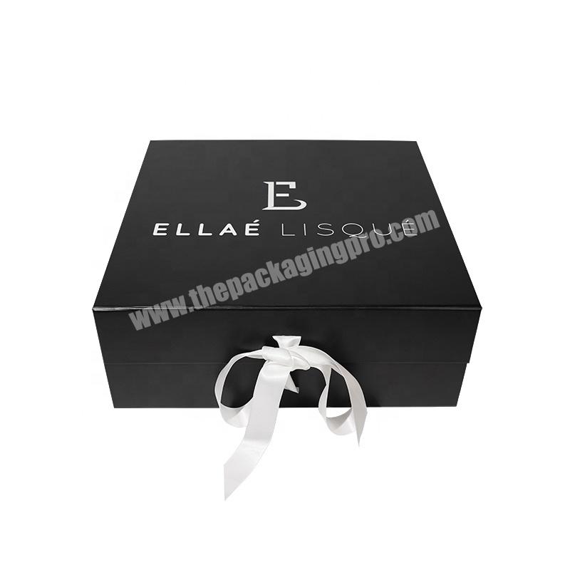 Custom Logo Size Color Print Folding Paper Box Recycled Black Cosmetic Packaging Box Magnetic Closure Flip Gift Box With Riband