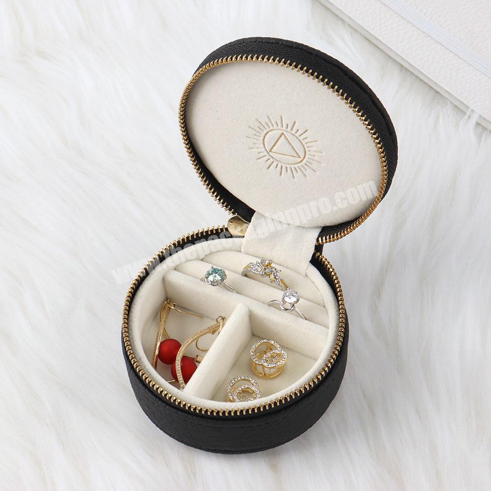 Luxury gift satin velvet lining pu leather jewelry box round black jewelry necklace metal zippered jewelry gift box