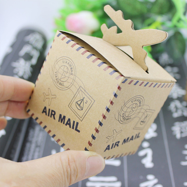 (100 pieces/lot)LEISO Brand Vintage Plane Air Mail Wedding Favor Candy Box Baby Shower Birthday Party Holder Kraft Paper Box