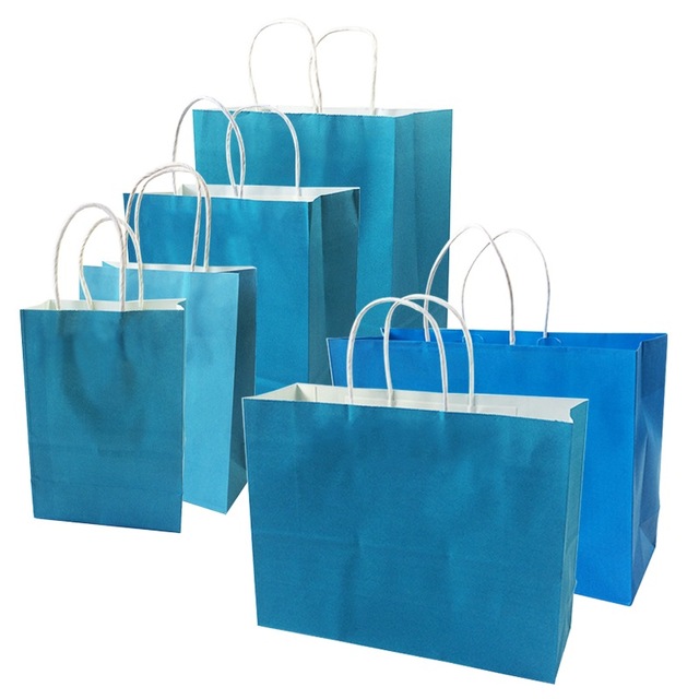 10 Pcs/lot Festival Gift Kraft Bag Blue Shopping Bags DIY Multifunction Recyclable Paper Bag With Handles 6 Size Optional