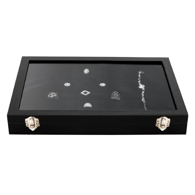 100 Slot Earring Ring Jewelry Display Storage Box Tray Case Organizer Holder w/ Glass Top Black