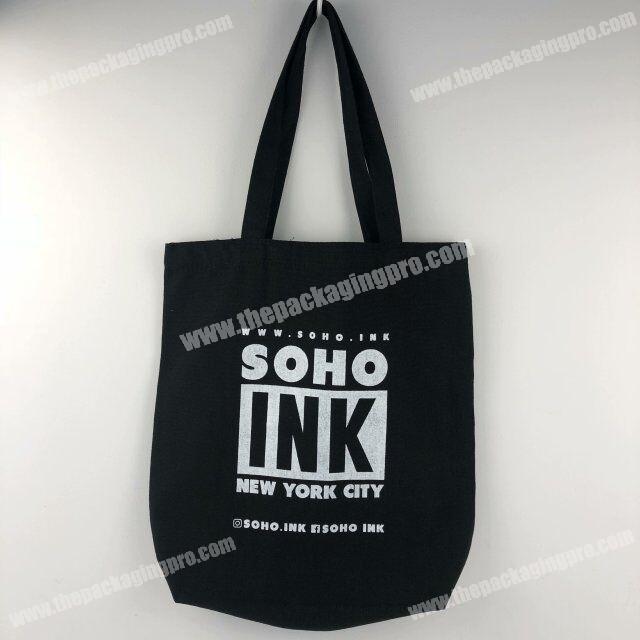 100% nature black cotton shopping bag with white logo printing