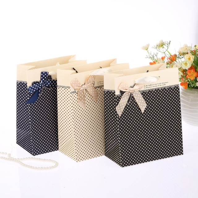 12pcs Polka Dot Paper Bags With Ribbon Handle Paper Gift Bags For Wedding Favor Bag Christmas Gift Shopping Paper Bag