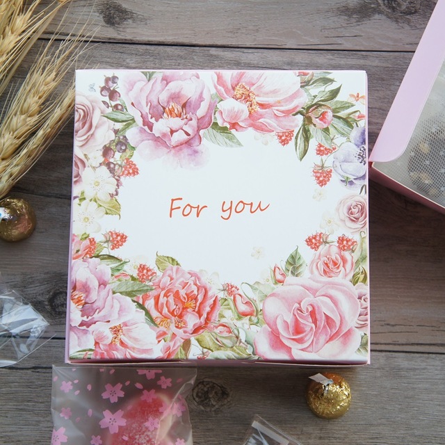 13.5*13.5*5cm 10pcs pink rose for you design Paper Box for Cheese candy Cookie valentine gift Packaging Wedding Christmas Use
