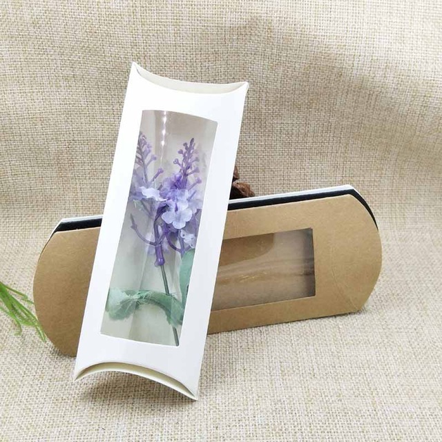 20 pc 16*7*2.4cm white/black/kraft paper pillow box package with clear pvc window for proucts/gifts/favors/display packing