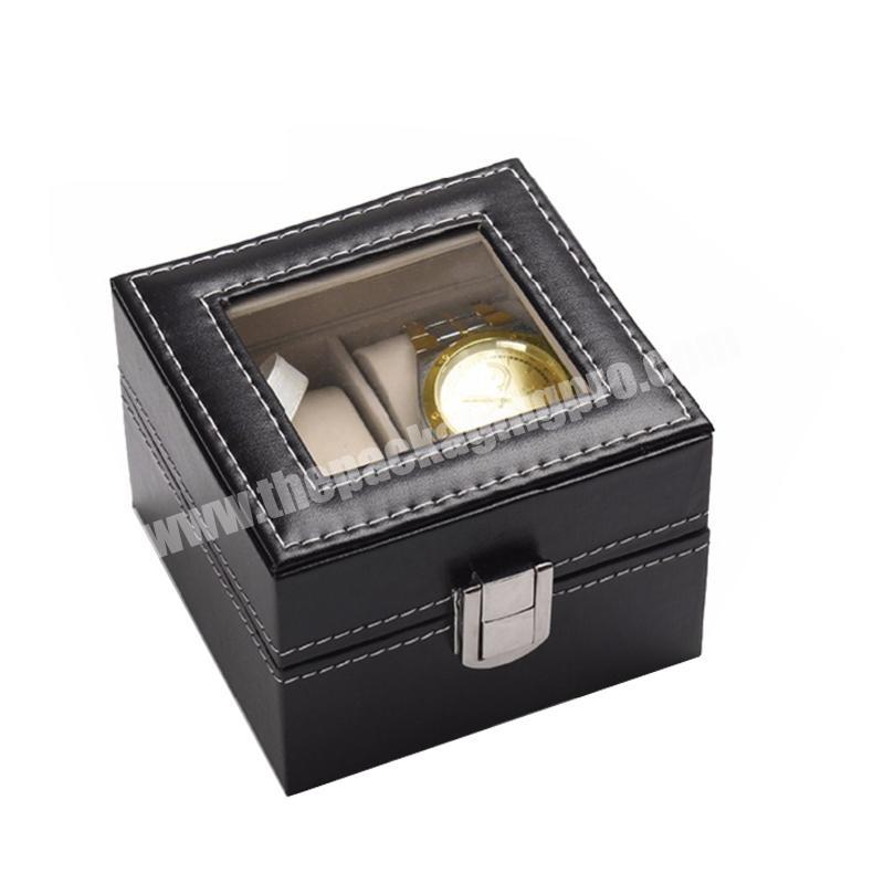 2018 New design free sample elegant black display window luxury watch box, 2 slots PU leather highend watch packaging boxes
