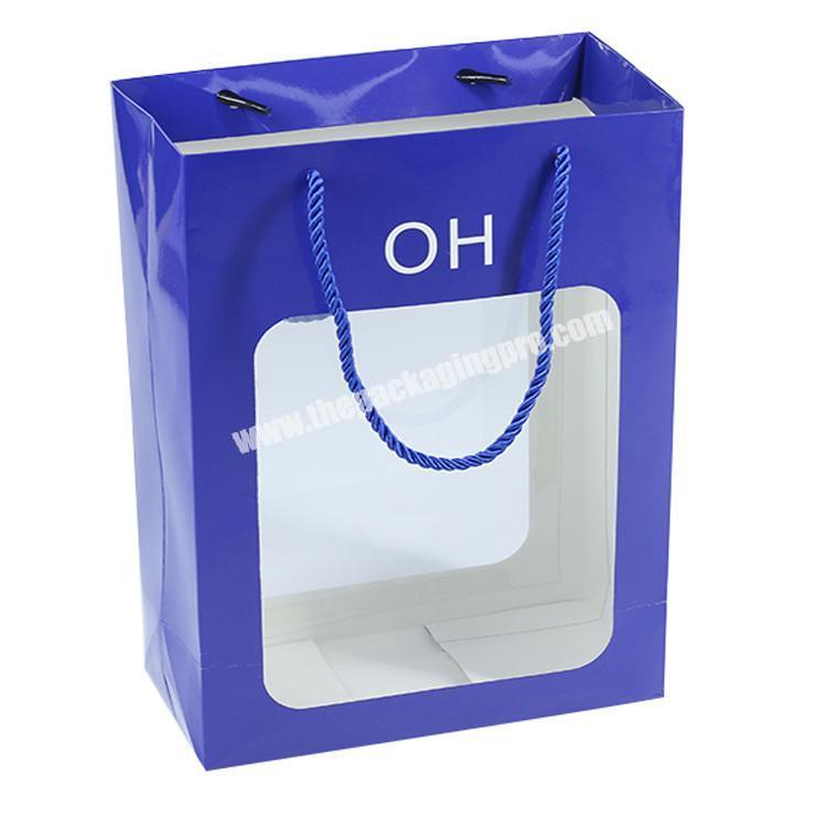 2019 Custom packaging luxury blue reusable shopping paper bags with window for T shirt packing
