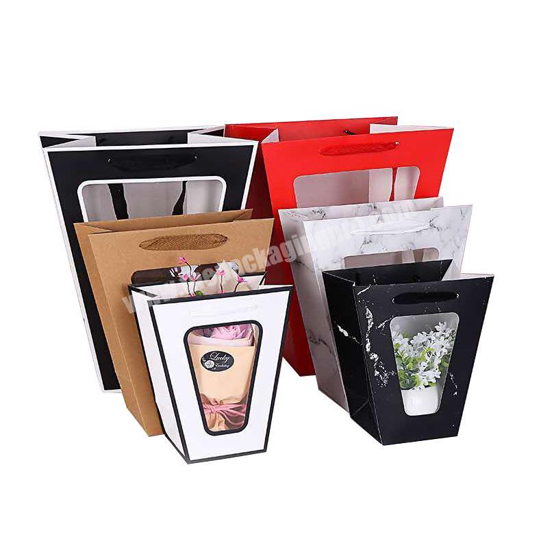 2020 new wholesale gift bag tote bag flower trapezoidal open window transparent paper bag