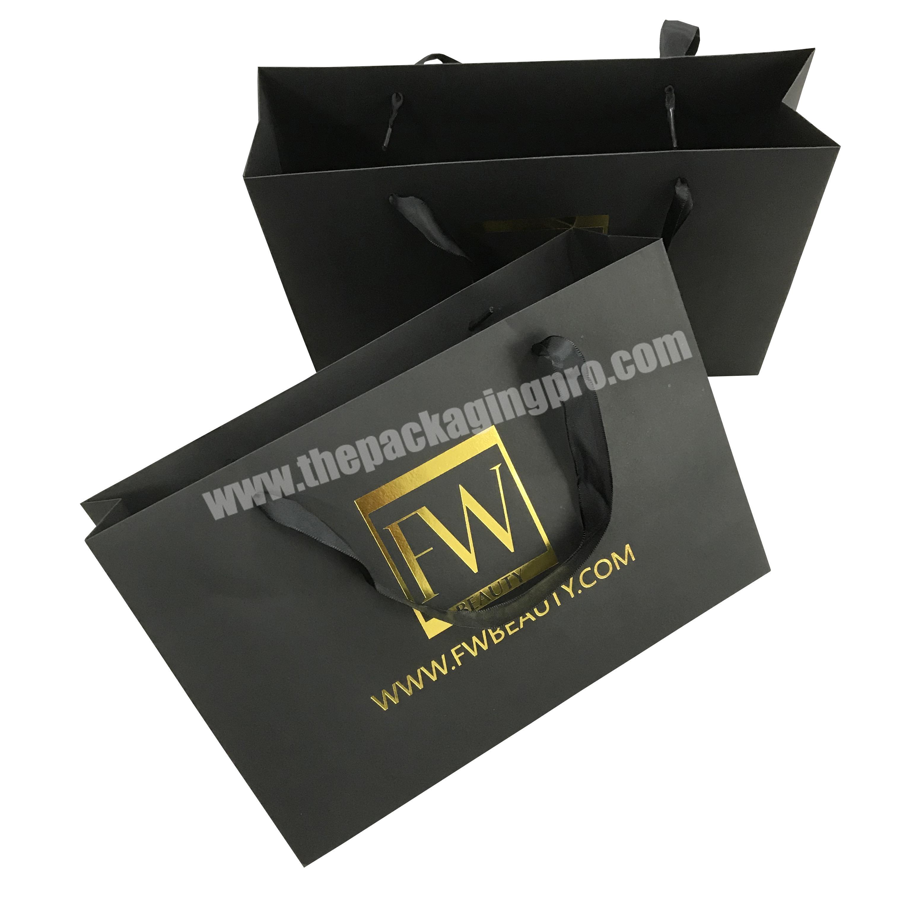 New Gold Foil Logo Hot Stamping Black Matt Paper Bag With Ribbon Handles