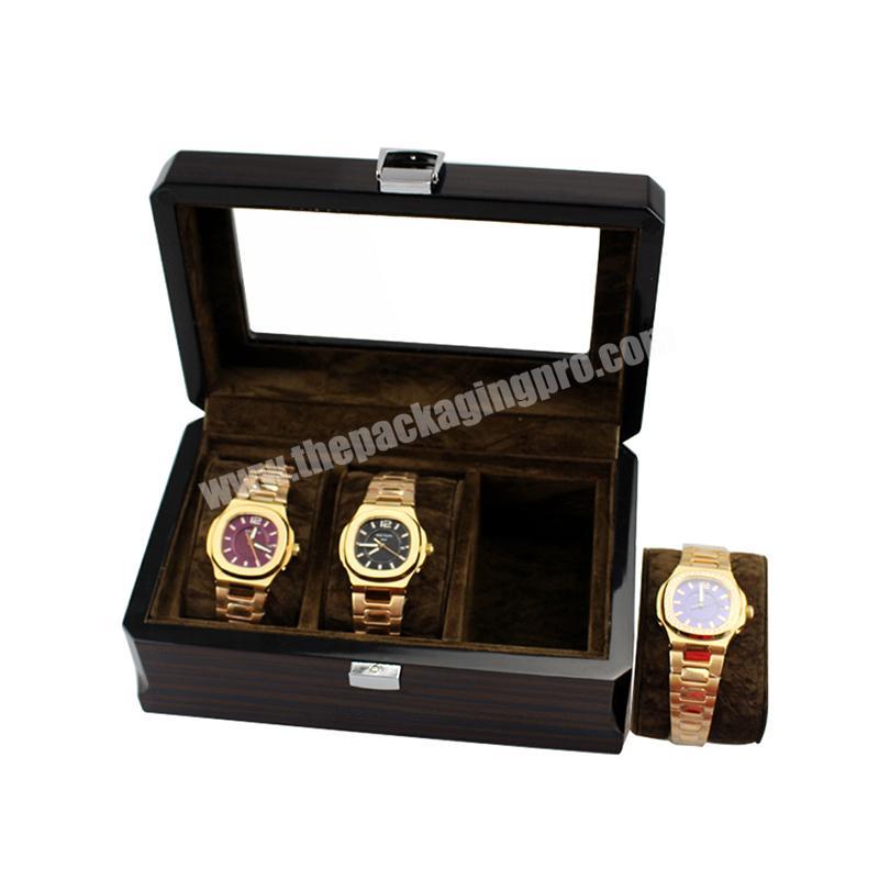 New Design High Grade Wood Lacquered Plain Minimalistic 3 Slots Watch Storage Retro Box For Men