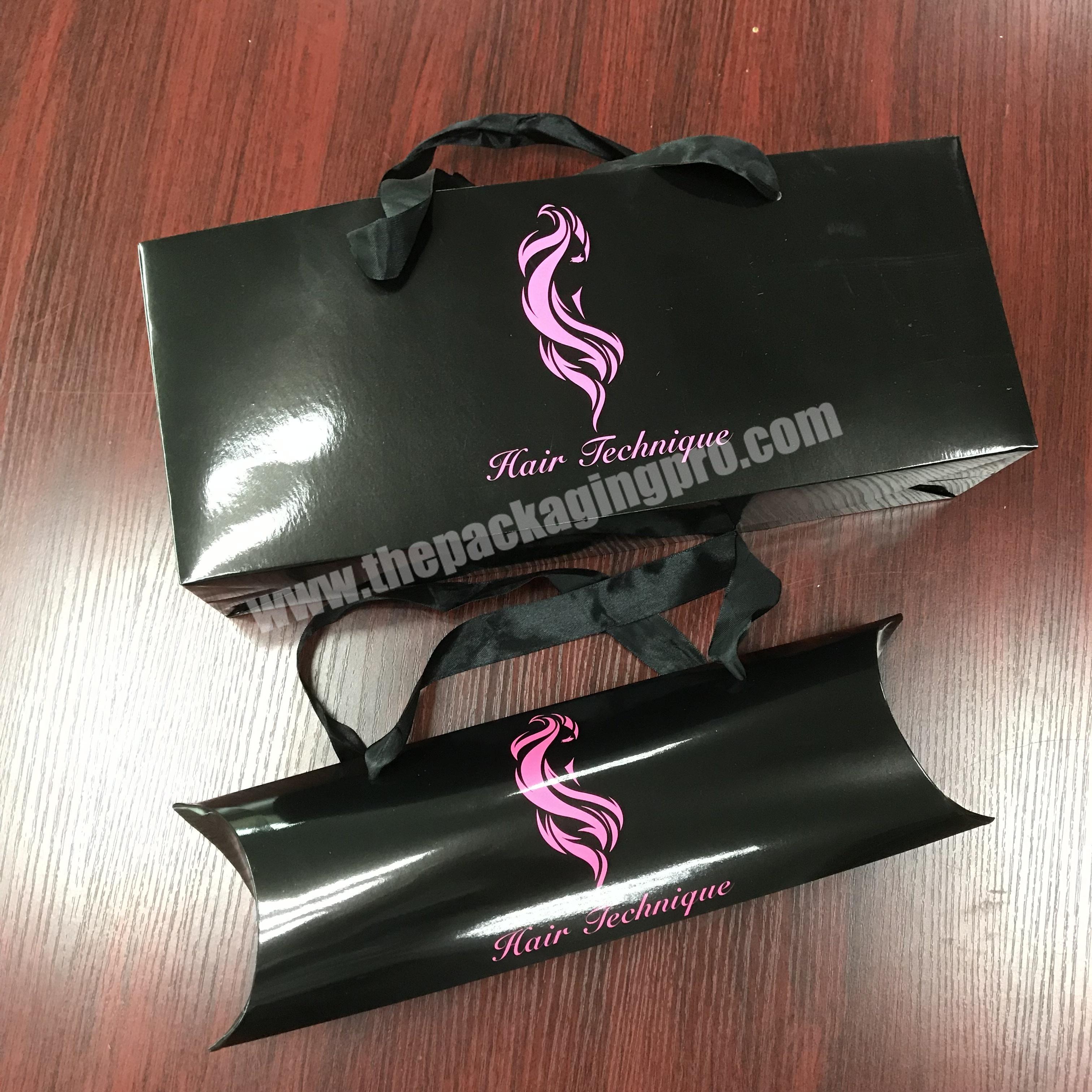 Custom Made Printing Hot Pink Logo Black Hair Bundle Packaging Box and Paper Bag