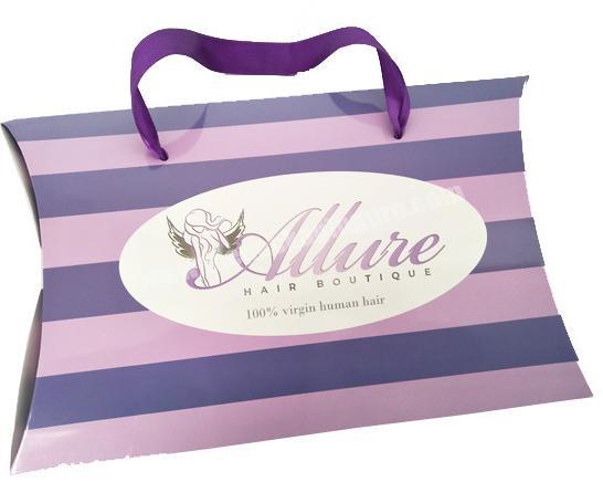 Customized cute striped purple with pink printing pillow box for hair extension box packaging wig bag boxes