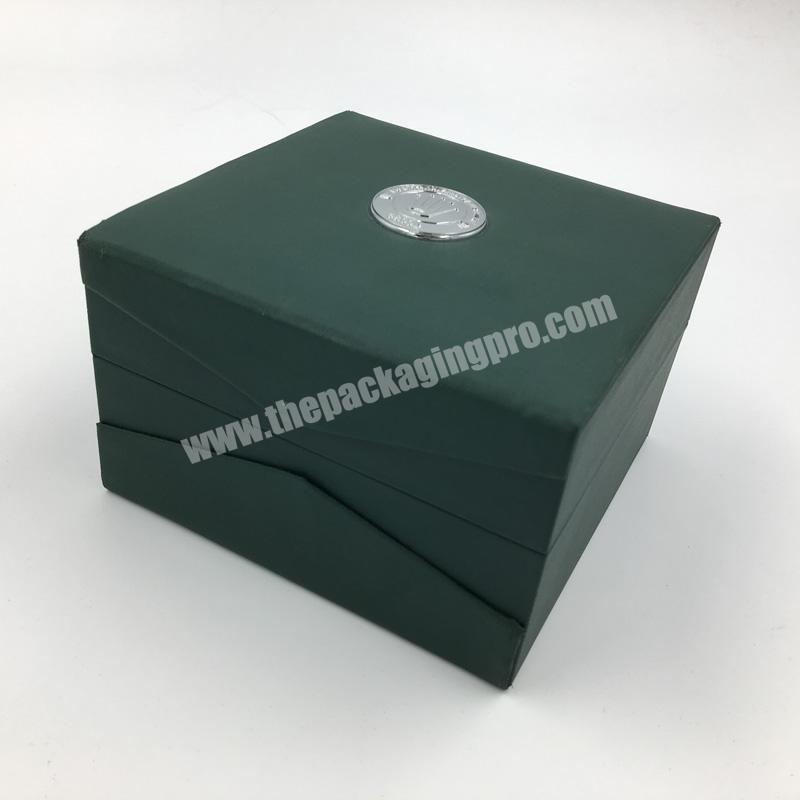 Dark Green Color PU Leather Single Gift Storage Watch Packaging Box With Metal Plate