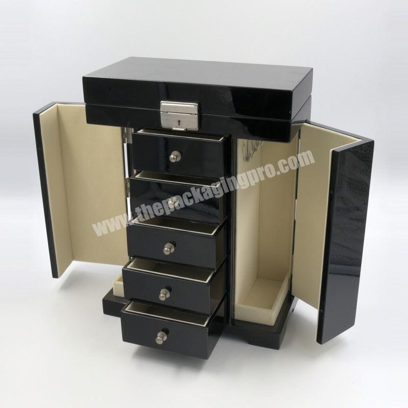Luxury Black Gloss Large Wood Jewelry Organizer Box With Many Drawer