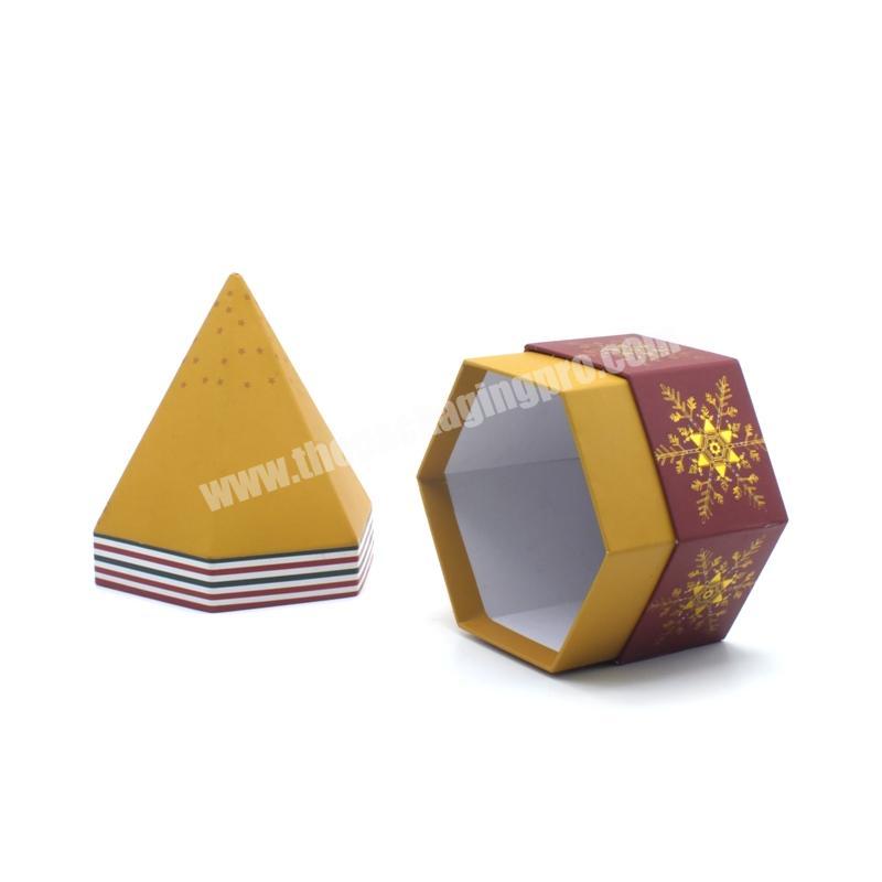 Hexagon cone shape Custom logo gold stamping Christmas day lid and bottom chocolate candy packaging box