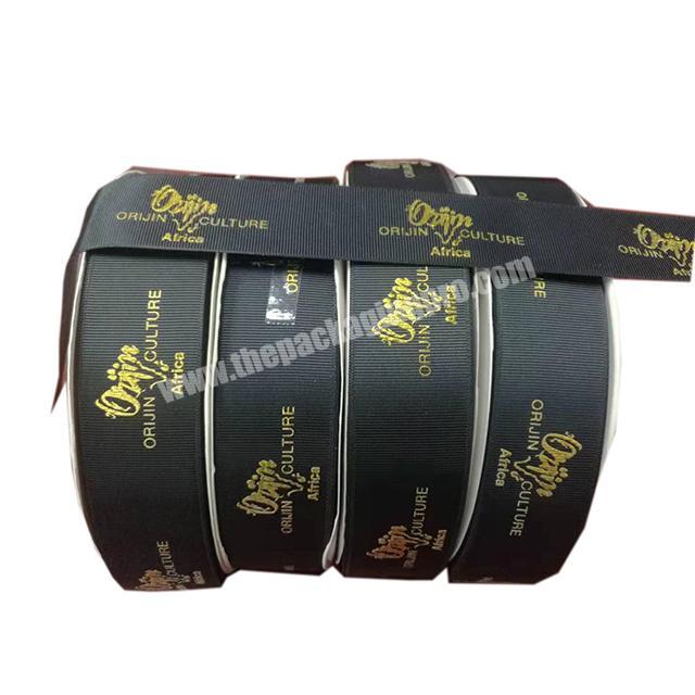 Custom Gold Foil Printed Logo Into Black Satin grosgrain Ribbon for DIY gift packaging