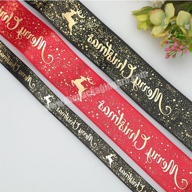 100% polyester New Foil Gold Printed Xmas Grosgrain ribbon Christmas Ribbon For gift Packing