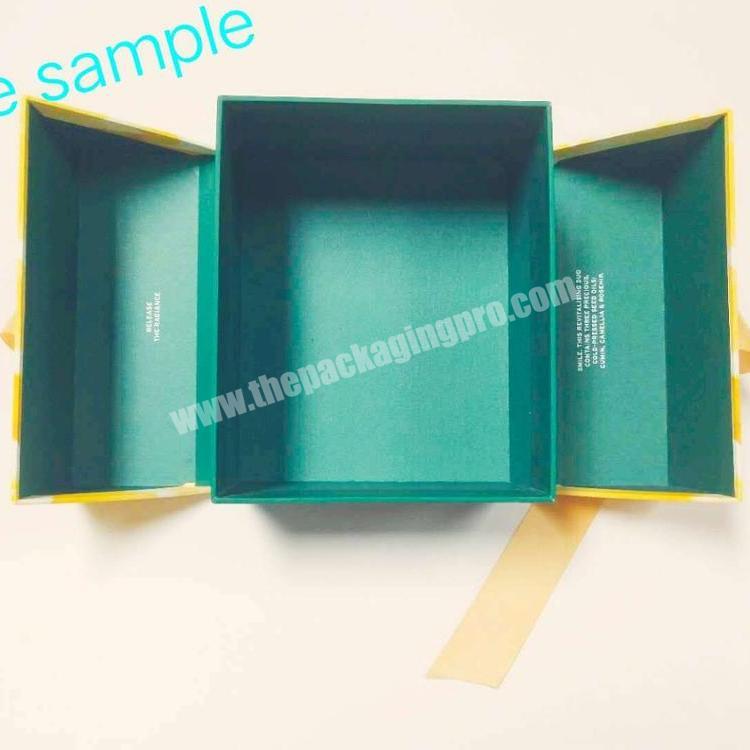 custom personal care and perfume packaging shower gel two doors style paper box with ribbon for holiday promotion box