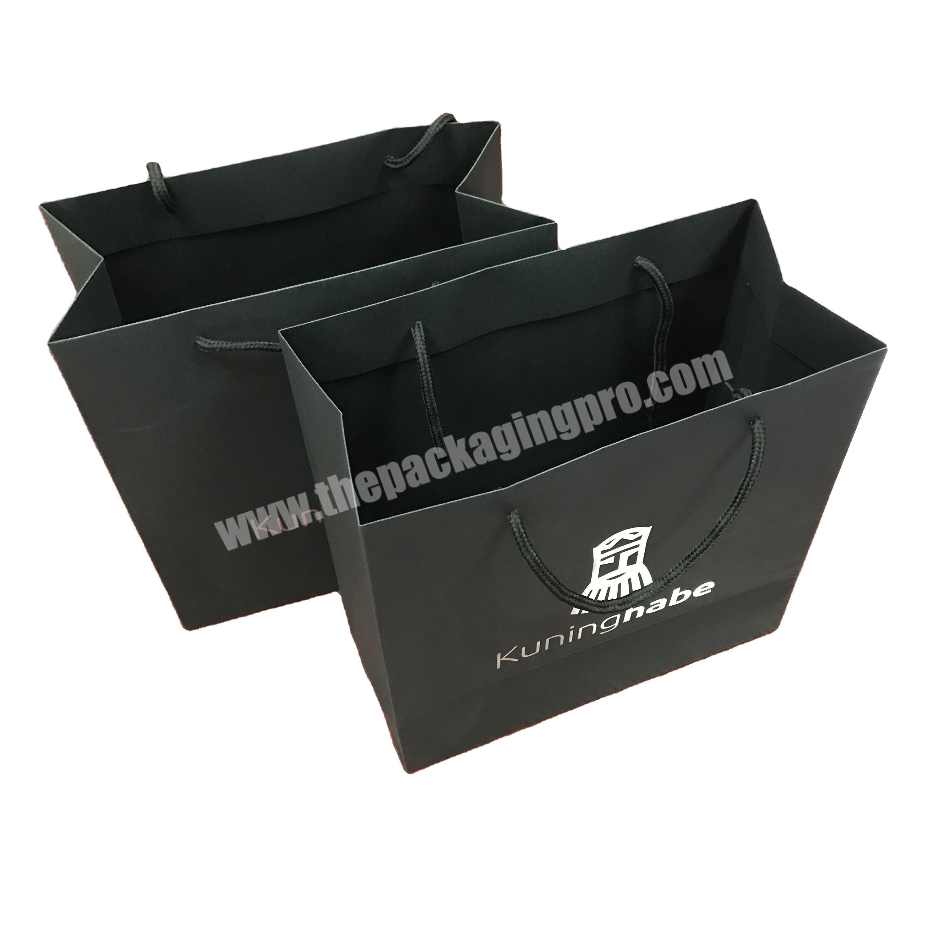 New Gold Logo Hot Foiled Stamping Black Matt Paper Bag With Cotton Rope Handles