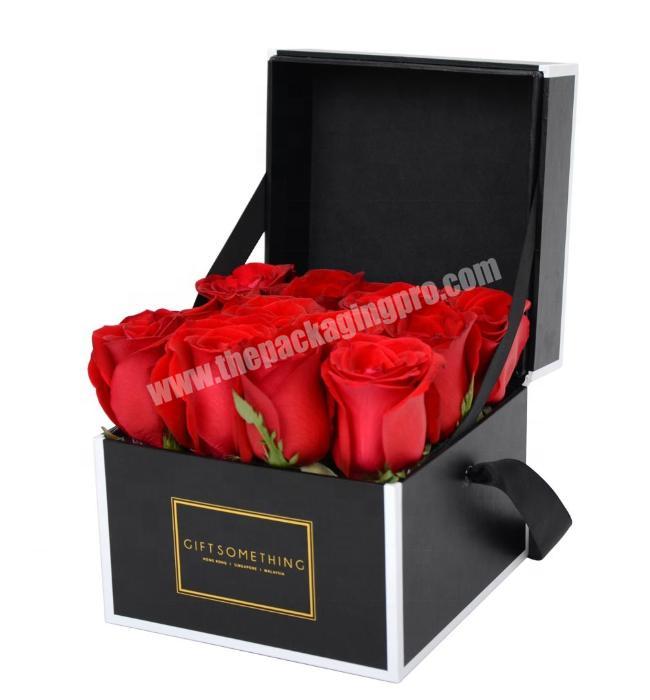 Custom design luxury high end lid and base black fancy design flower packing for rose lily daffodil narcissus paper gift box