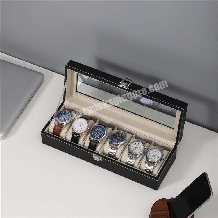 Cheap price watch boxes cases PU leather 6 Slots luxury watch box with transparent glass cover