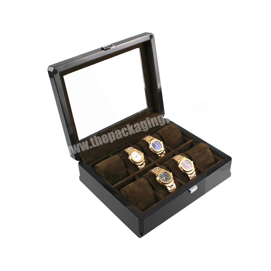 Luxury Black 8 Slots Display Gift Wooden Watch Storage Box With Clear Window