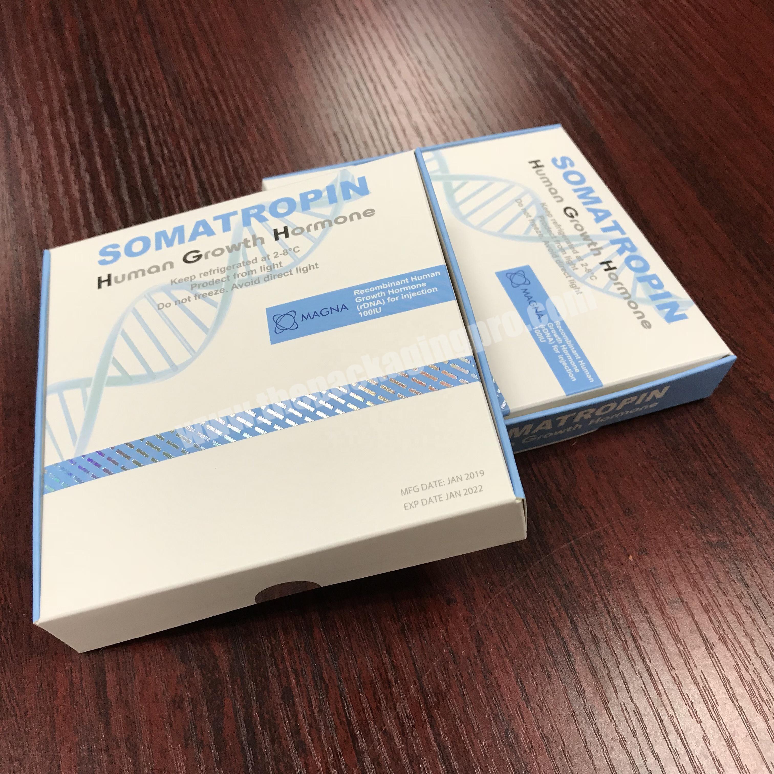 Free design ZPT10-21 10x2ml HGH hot stamping hologram vials packaging paper box for pharma medicine packaging