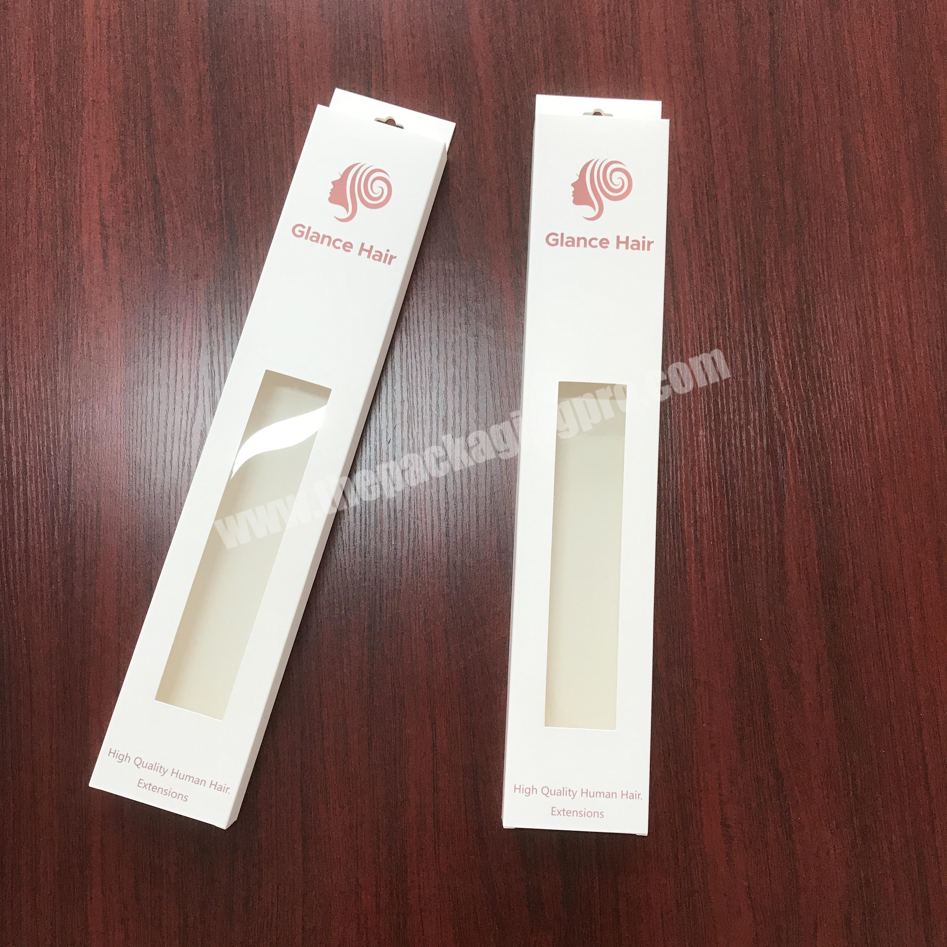 Custom design hang long rectangle white matte lamination hair extension packaging paper box with window