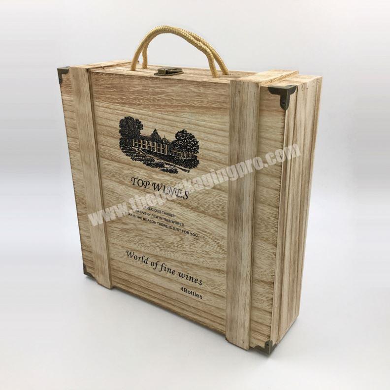 Custom unfinished Solid Wood 4 Bottles Wood Wine Storage Packaging Box For Gift