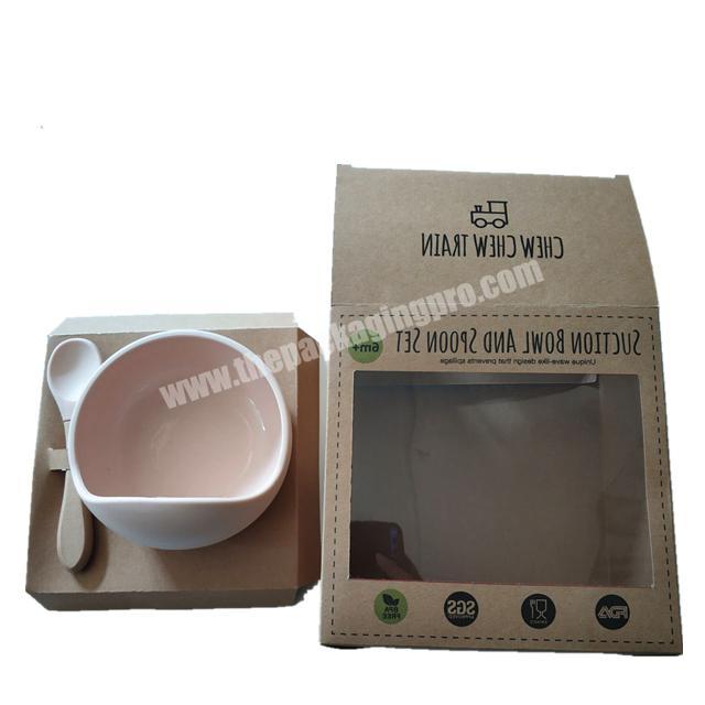 Front PVC window 350gsm kraft paper box with hold insert for suction bowl and spoon set packaging