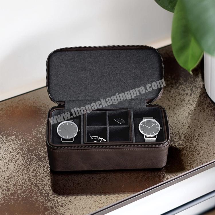Two-piece suit travel watch organizer boxes handmade pu leather custom logo storage watch box with zipper