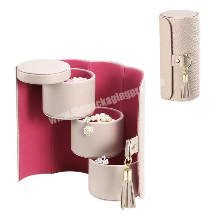 Amazon hot stylish rotatable cylinder jewelry organizer box custom pu leather portable storage travel jewelry case