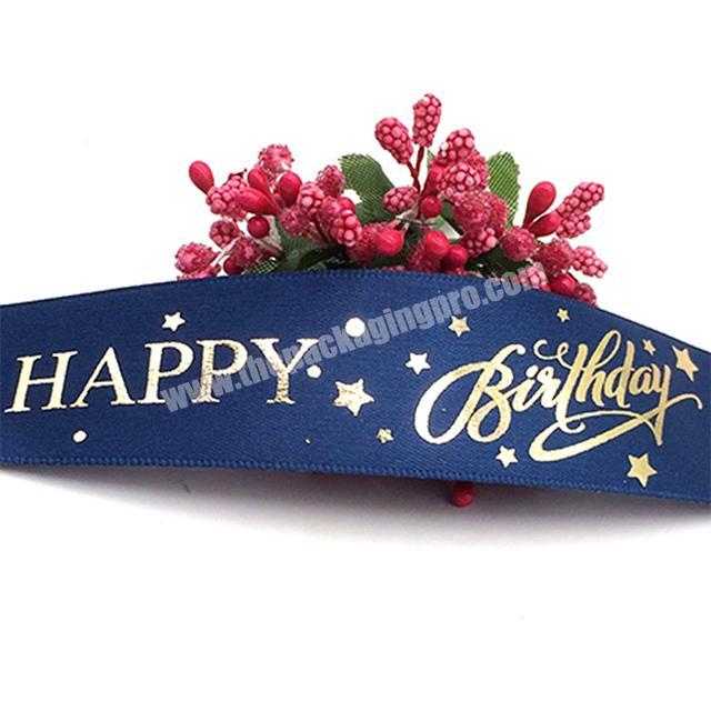 black Grosgrain ribbon foil gold logo stamping happy birthday ribbon gift packaging
