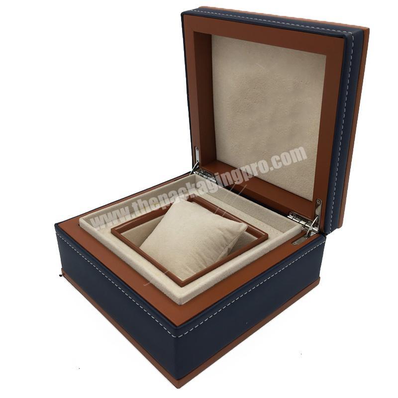 Hot Sale Professional Unique Single Dark Blue Wooden Watch Leather Storage Orgaenizer Box
