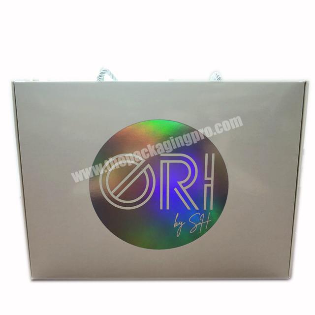 Simple Luxury Big Logo Holographic effect White Gift Box Paper Bag with Silver Rope Handle